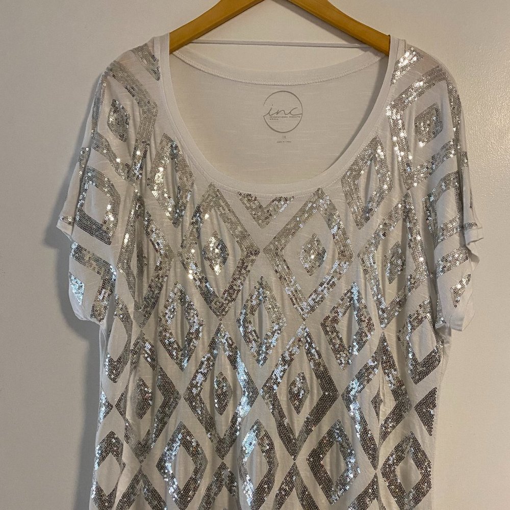 INC White T-shirt with Silver Sequin Pattern